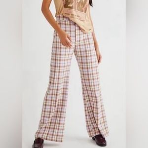 Free People Plaid Wide Leg Pants - Cream and Brown